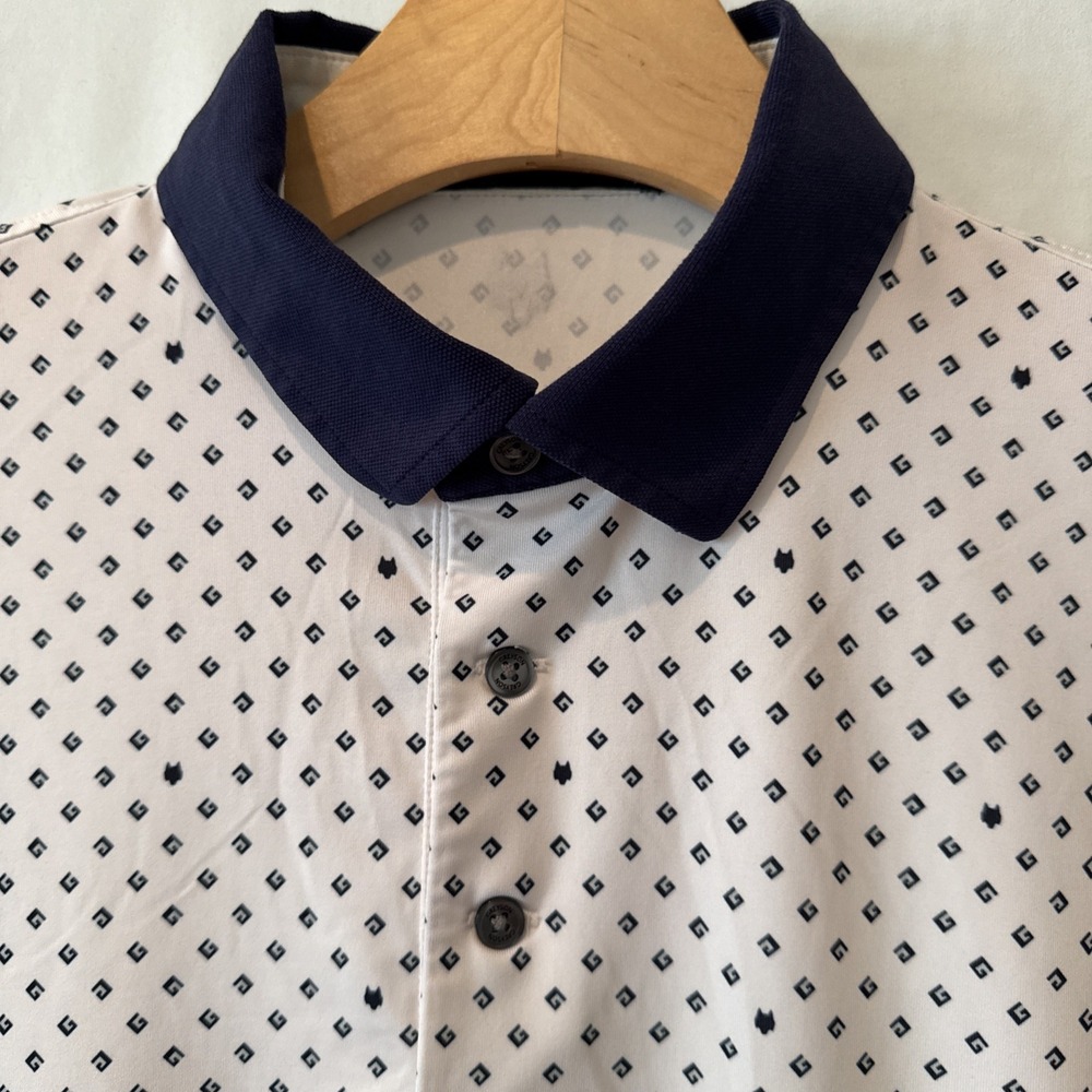 Greyson Polo S/S Shirt Mens Med WHITE/BLUE 'G AND WOLF' AOP GOLF
